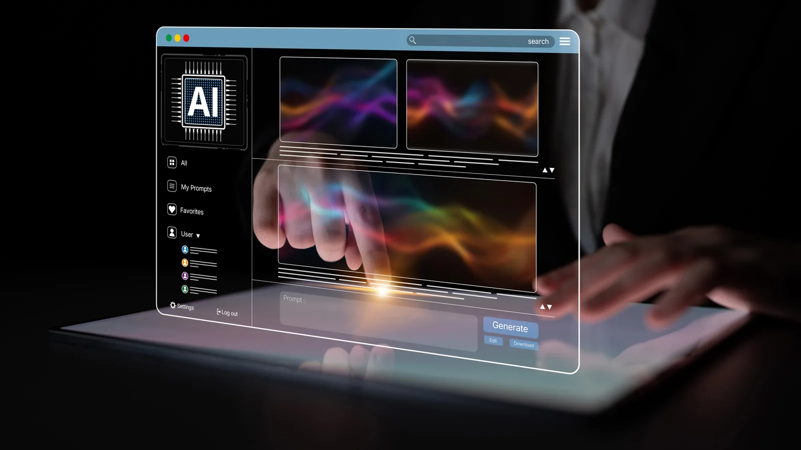 A hand interacting with an illuminated software interface