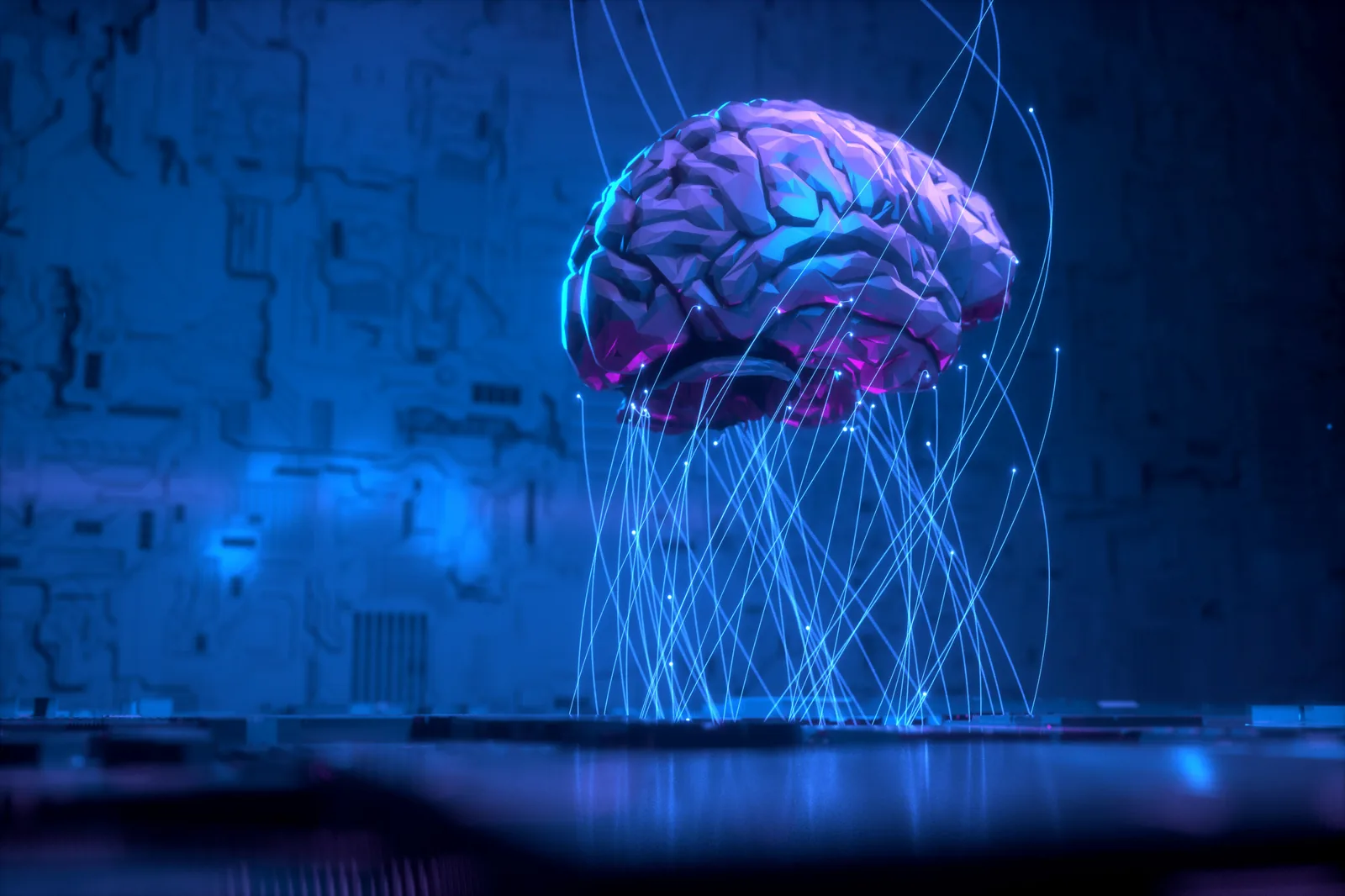 A suspended violet brain connected by fine blue threads
