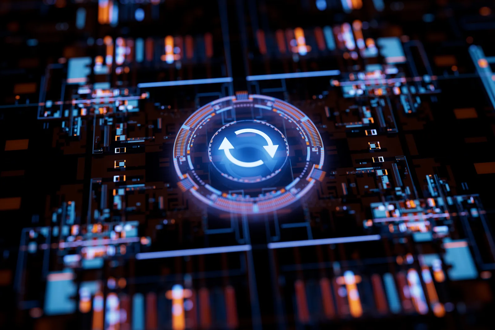 A renewal symbol at the centre of an interconnected circuit board